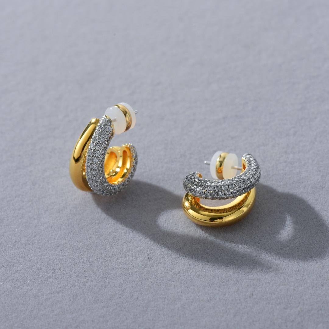 

Уникальная Личность Легкая Роскошь Позолоченные 18K Настоящим Золотом Вставки Цирконий Серьги S925 Серебряная Игла Пусеты Модные Серьги с Двойным Кольцом
