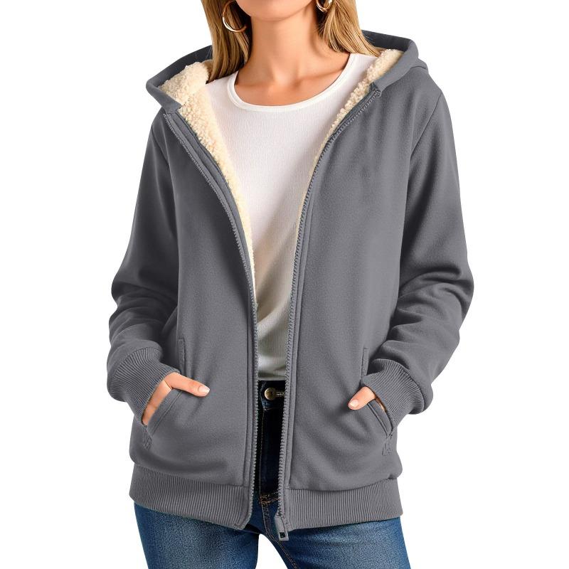 Simple solid color warm lamb fleece hooded sweater jacket autumn and winter fleece thickened warm lamb fleece jacket