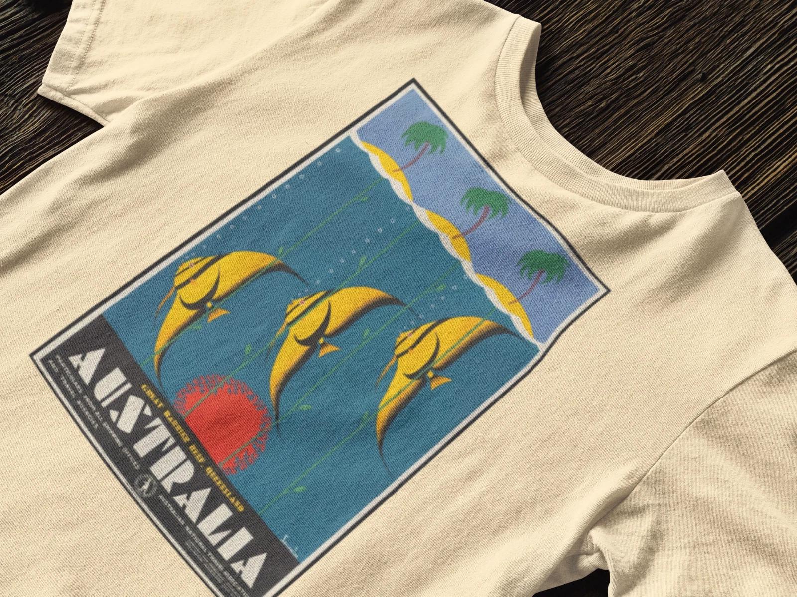 Australia Vintage Travel Poster T-Shirt, Great Barrier Reef Retro Ocean Fish Art S