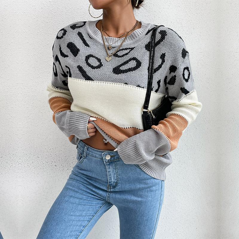 Vintage Fashion Elegant Casual Autumn and Winter Women's Long-sleeved Leopard Hit Color Knitted Sweater