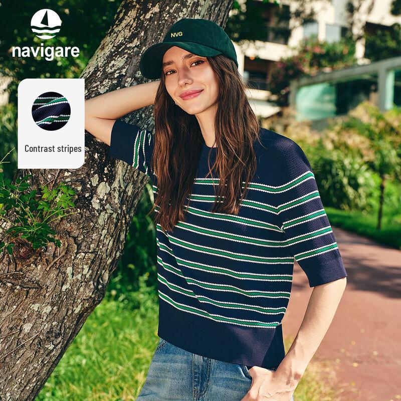 Navigare Women s Striped Mid-sleeve Round Neck Knit Pullover XL