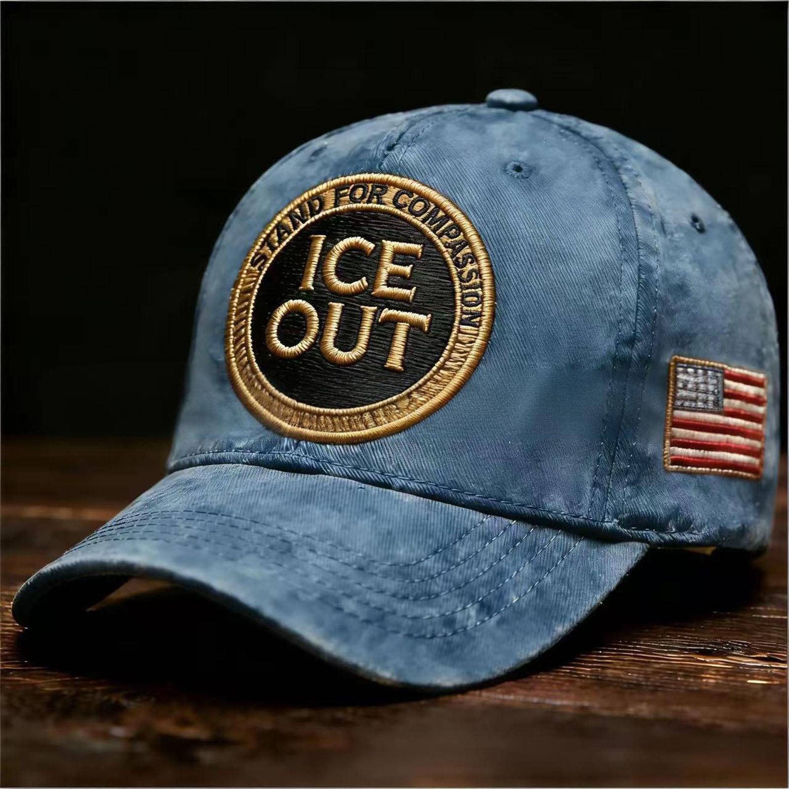 ICE Out Embroidered Baseball Cap Stand For Compassion Kindness Vintage Distressed Hat With American Flag Detail One Size