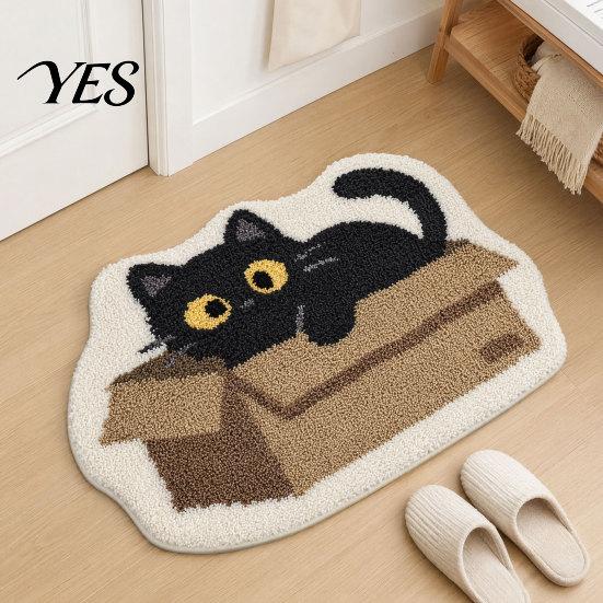 Anti-slip Floor Mat Plush Bathroom Rug, Non-Slip Absorbent Fluffy Mat, Cute Sturdy Black Cat Door for Entrance Bedroom Living Room Wear-resistant