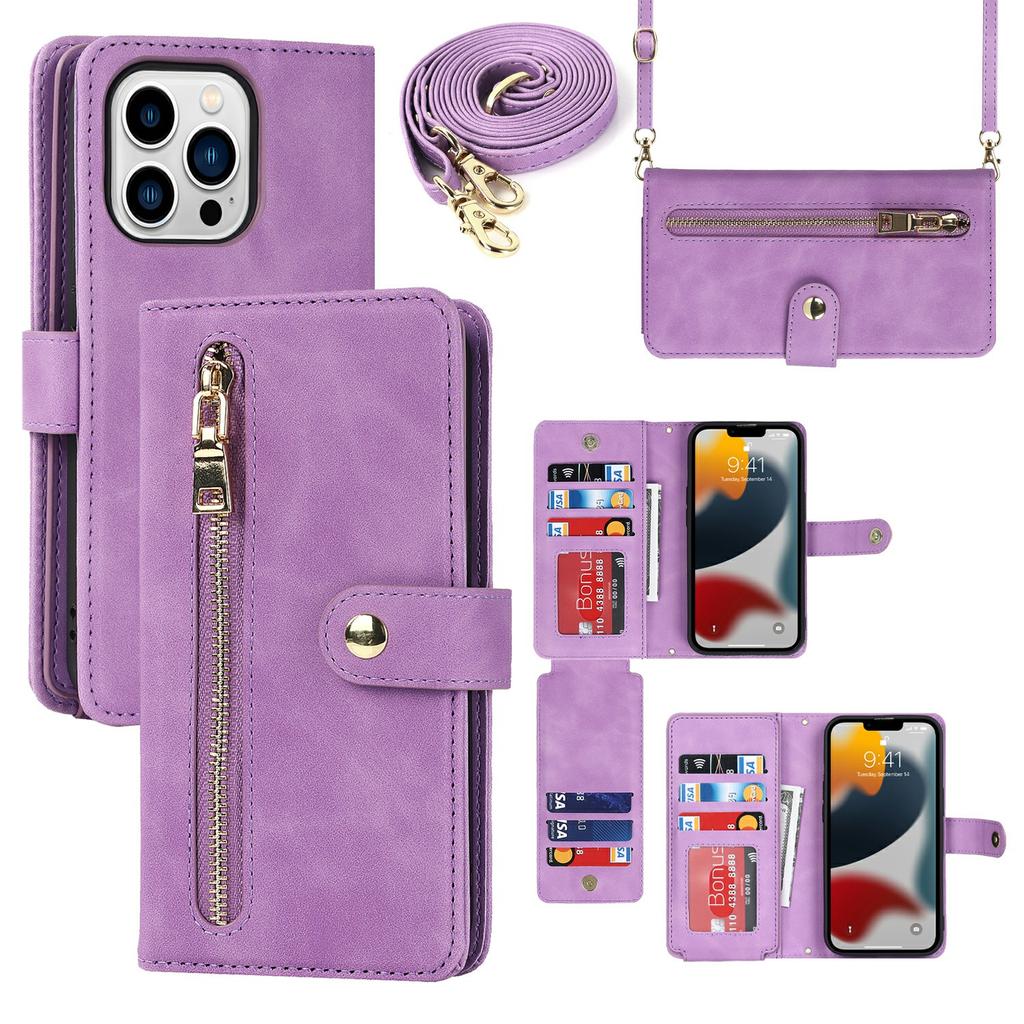 For iPhone 13 Pro Stand Case PU Leather Phone Cover with Straps/Zipper Wallet/Multiple Card Slots