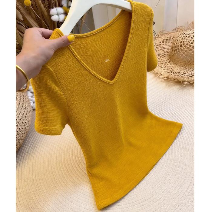 

Chic Sweet Spicy Short Sleeve T-Shirt Women s Summer Slim Korean Version V-Neck Front Shoulder Top S жёлтый