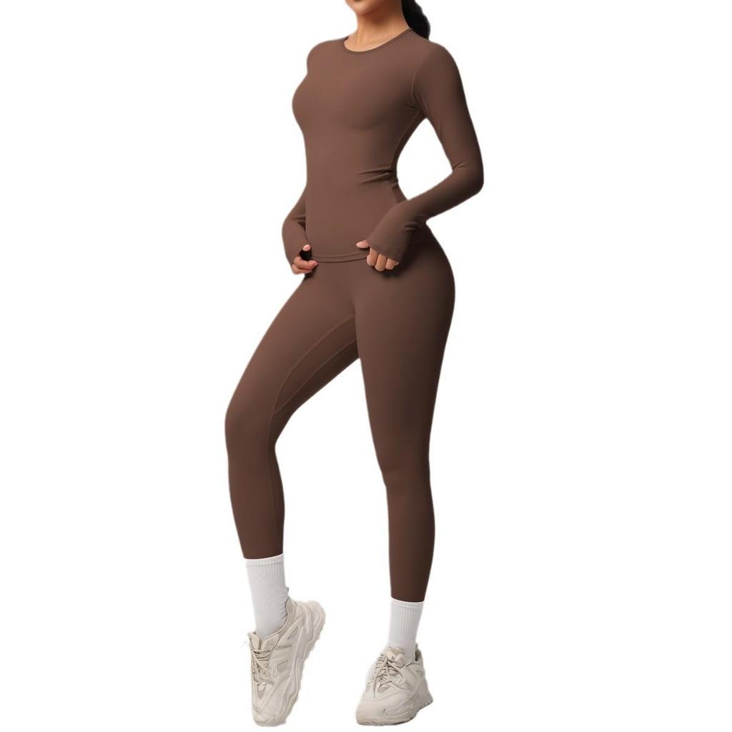 Dual-Sided Solid Color Long-Sleeve Yoga and Running Set - Two-Piece Fitness Outfit