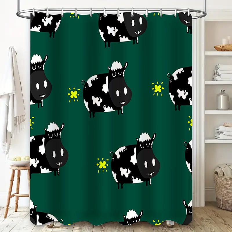 Adorable Farm Animal Shower Curtain Set Black Sheep Pattern Green Background With White Patches For Bathroom Decor