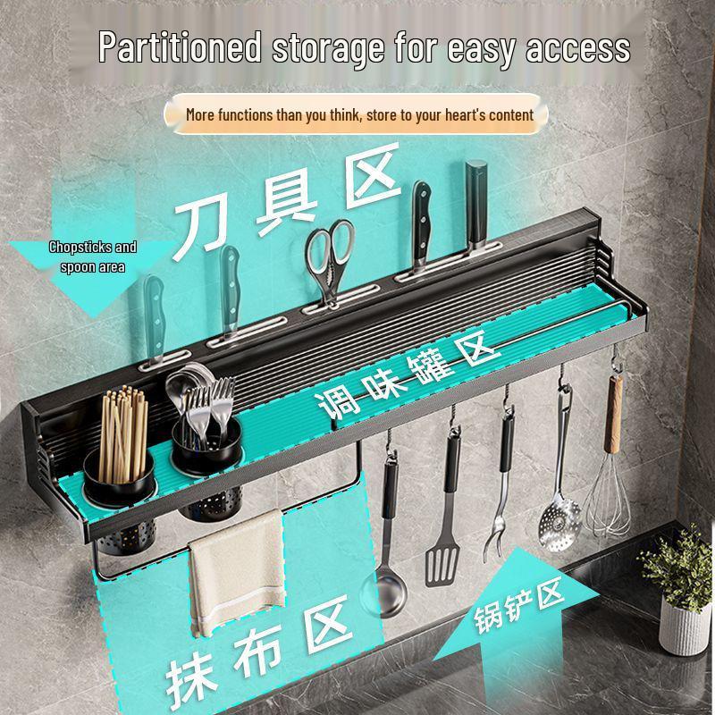 Punch-Free Aluminum Kitchen Wall Organizer: Multifunctional Rack for Utensils, Knives, Seasonings, and Chopsticks