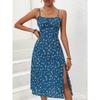 2025 Estate Sexy Spaghetti Straps Dress Donna Moda Polka Dot Stampa Senza Maniche Slit Dress Boho Casual Beach Midi Abiti
