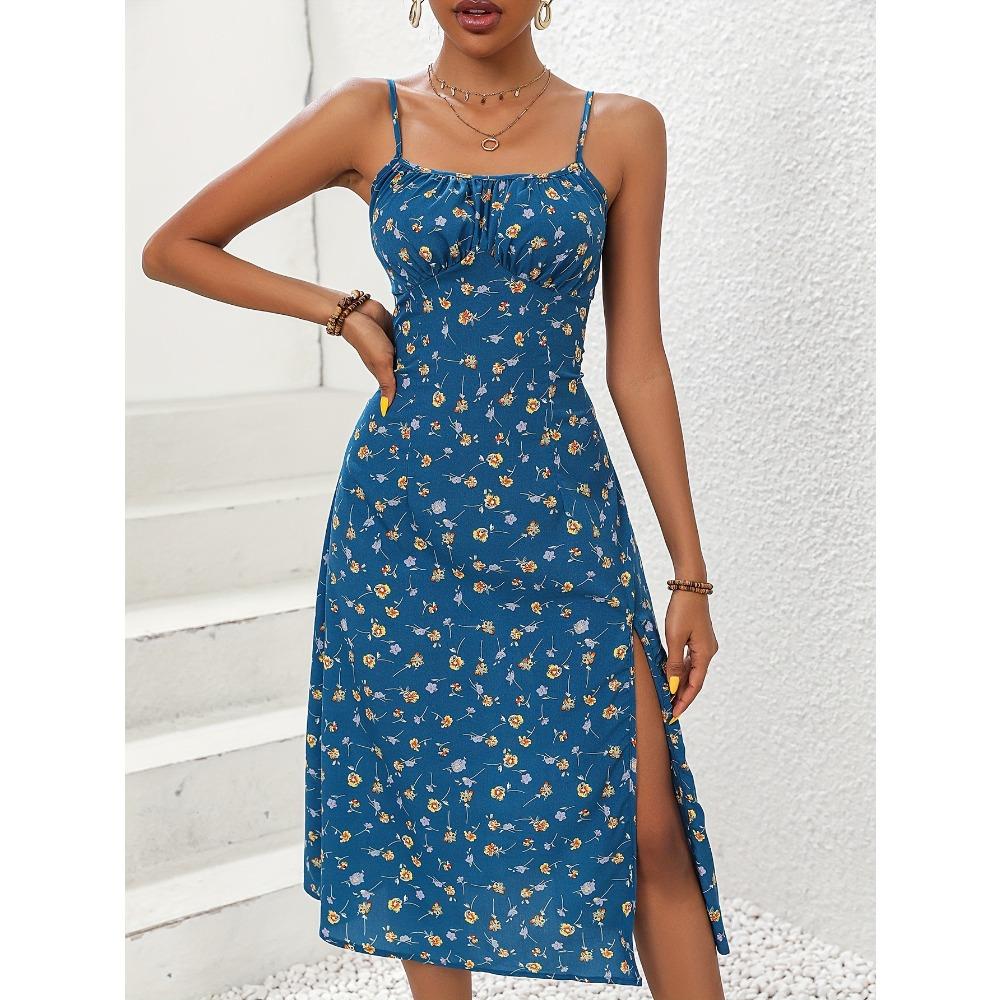 2025 Estate Sexy Spaghetti Straps Dress Donna Moda Polka Dot Stampa Senza Maniche Slit Dress Boho Casual Beach Midi Abiti
