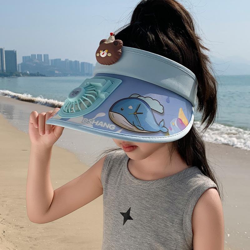 Sommer Kinder Sonnenschutz und Sonnenhut Aufladbarer Großkrempenventilator Leerer Top-Hut Cartoon Tier Sonnenschutz und Sonnenhut
