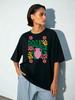 Black, Oversized, Thick T-shirt with Bloom Folk Print