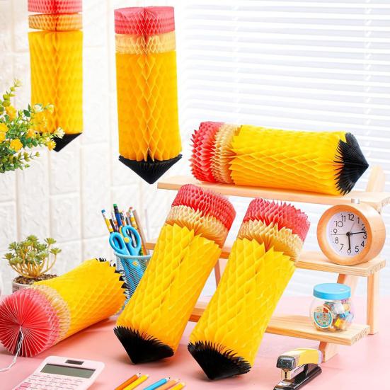 6Pcs Pencil Hanging Honeycomb with Lanyard Ceiling Party Ornaments Easy To Install Back-to-School Classroom Decorations