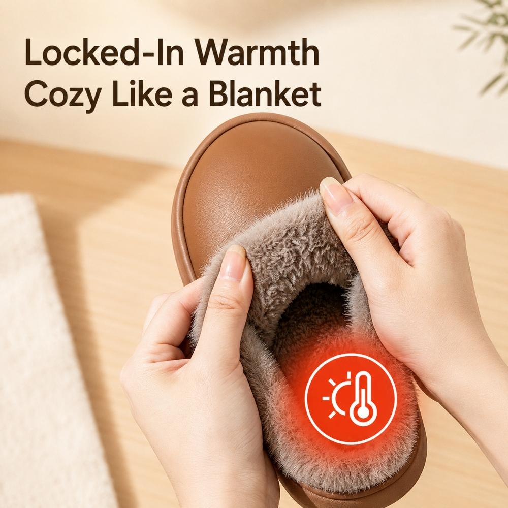 Unisex Closed-Toe House Slippers with Plush Lining, PU Upper, Thick EVA Sole and Slip-On Design for Indoor Winter Wear
