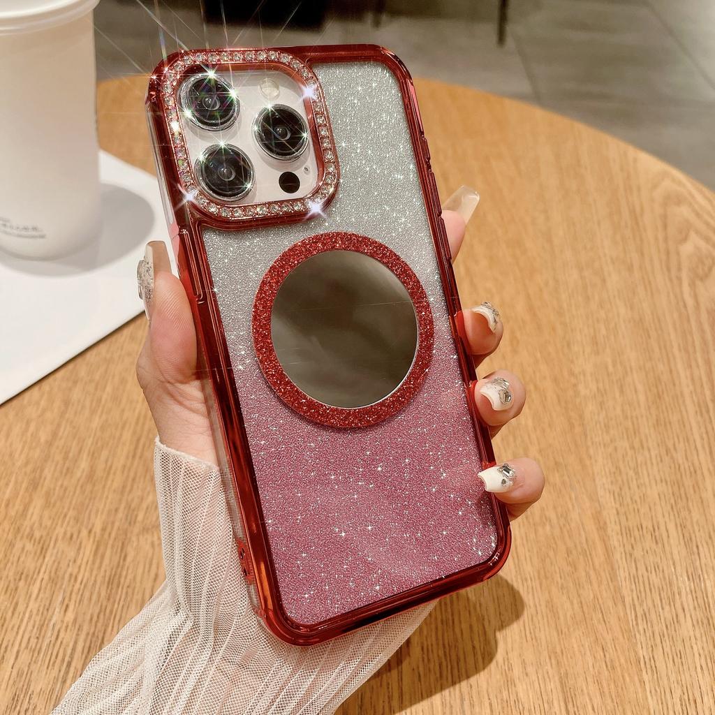 Luxurious Water Diamond Is Suitable for IPhone15 Phone Cases, Apple 14Promax Mirror Magnetic Attraction 13 Gradient Glitter Hard Case