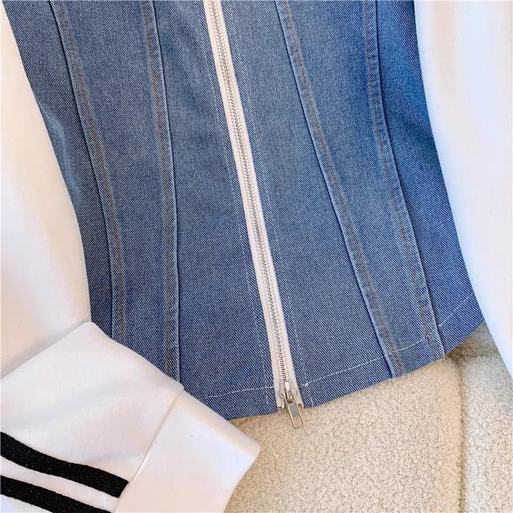 2025 European & American Denim Patchwork Zipper Two-Piece Set: Long Sleeve Top & Wide-Leg Pants for Girls, Spring & Autumn Fashion