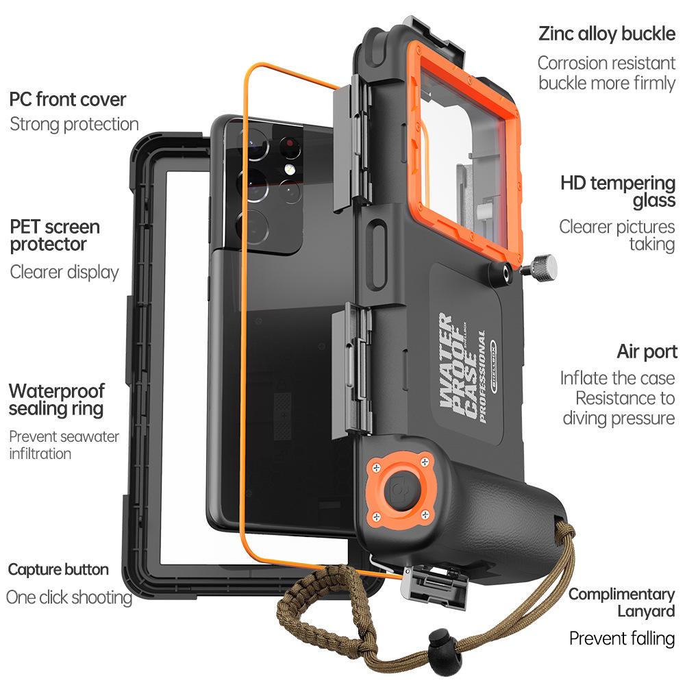 Universal Underwater Diving Case with Bluetooth Control for iPhone, Samsung, Huawei, Xiaomi, and OPPO Smartphones.