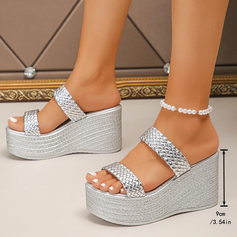 Silver Chunky Platform Sandals for Women 2025 Summer Fashion Braided Strap Wedge Heel Sandals Woman Thick Bottom Beach Slippers