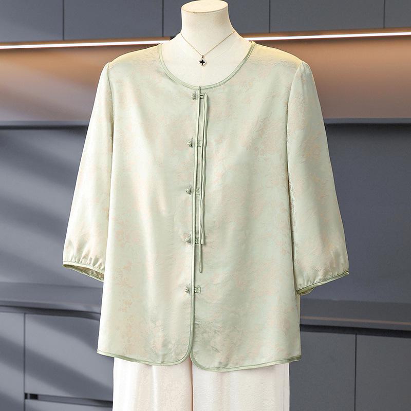 New Chinese Style Seven-Sleeve Top for Women - Summer Plus Size Shirt for Middle-Aged and Elderly