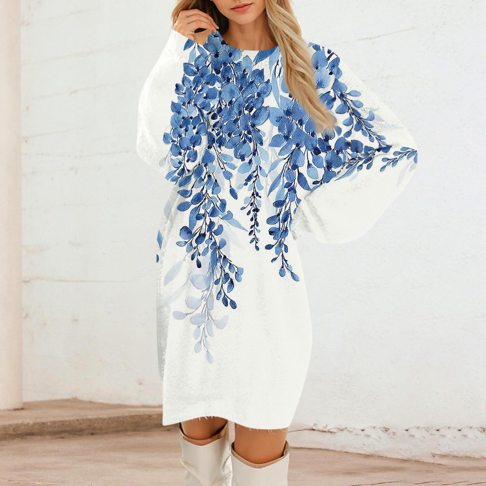 

Женские повседневные платья с круглым вырезом и длинным рукавом из плюша с градиентным винтажным цветочным принтом XL