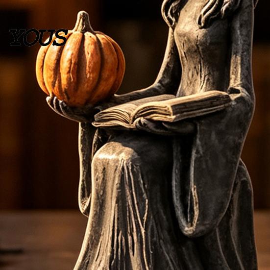 Spooky Garden Sculpture Halloween Witch Statue, Gothic Figurine with Pumpkin And Book, Matte Black Handcrafted Accents Sculpture, Mantel Shelf
