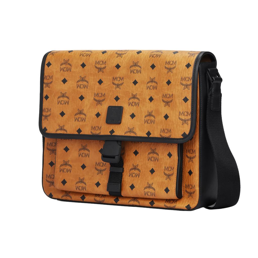New MCM Klassik Visetos Cow Leather Messenger Bag, Shoulder Bag, Crossbody Bag Medium Men's Brown Cognac & Black MMMCAKK02CO001