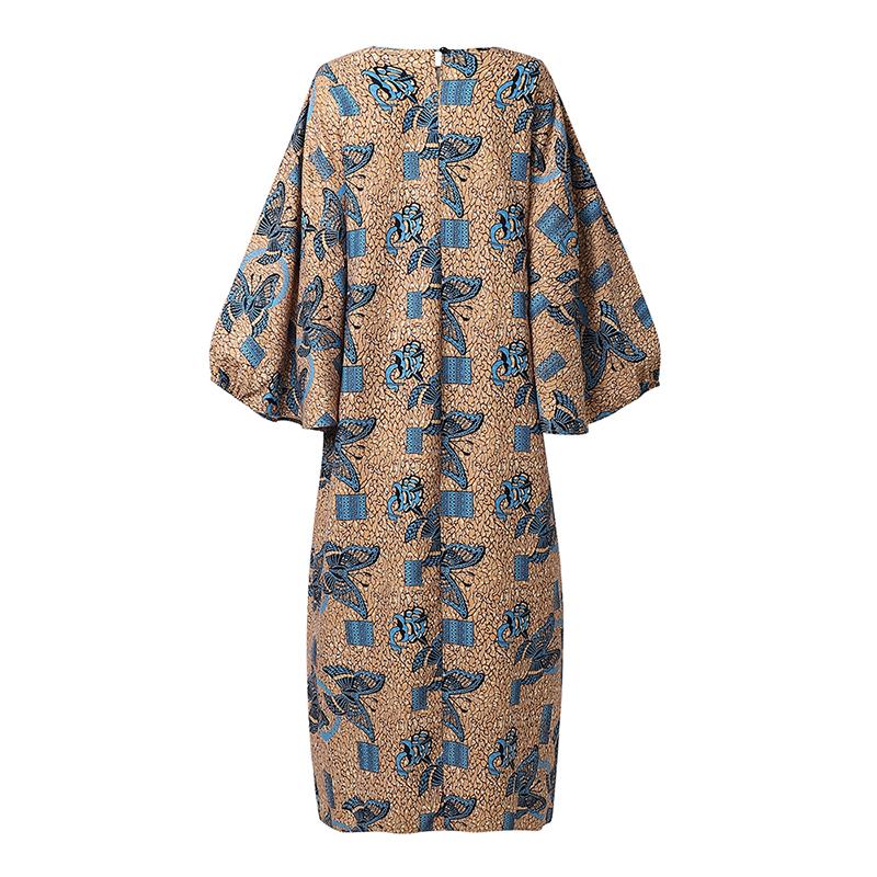L-5XL Women O Neck Batwing Long Sleeve Floral Print Casual Loose Maxi Kaftan Dress