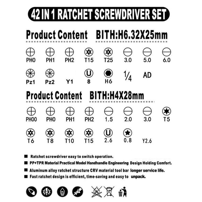AB34-42-In-1 Ratchet Combination Screwdriver Set Vertical And Horizontal Ratchet Household Precision Maintenance Tools Easy To U