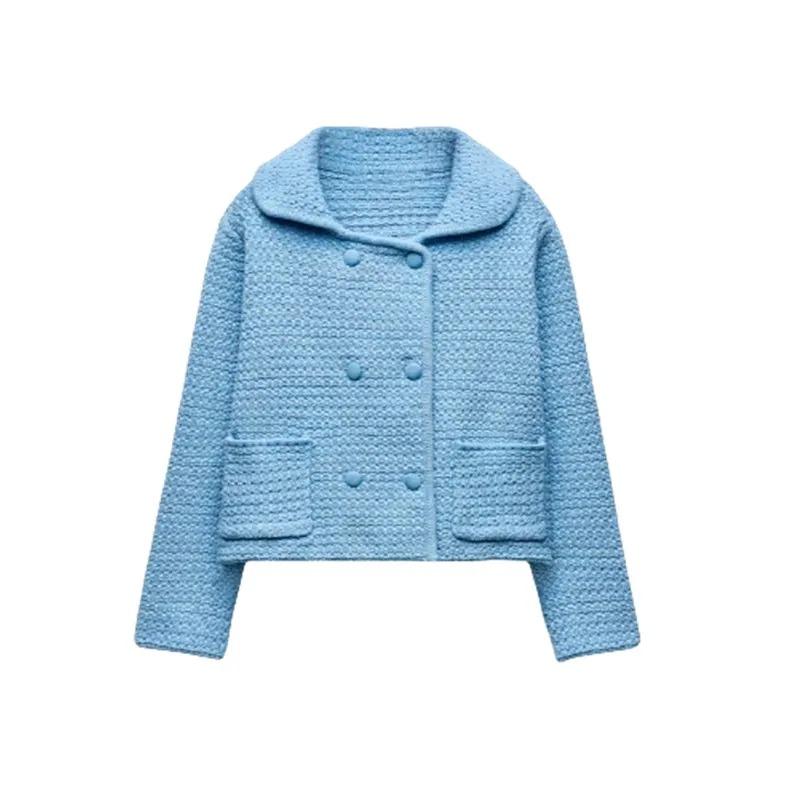 Pan Neck Chunky Knit Cardigan Traf Double Breasted Design and Long Sleeve Knitted Short Jacket for Women
