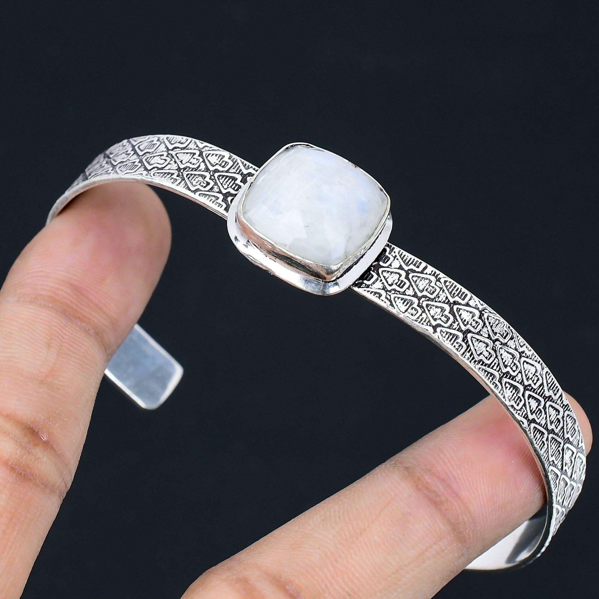 

Halloween Sale Natural Rainbow Moonstone Wedding Bangle Bracelet Sterling Silver Adjustable