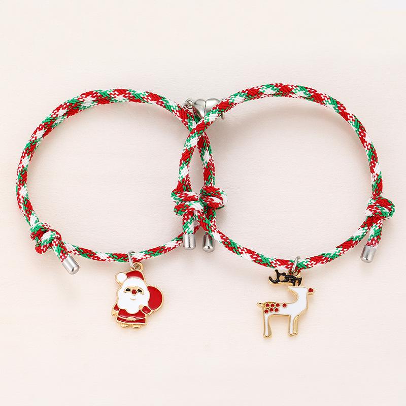 Santa Claus Magnet Heart Couple Bracelets - Drip Oil Alloy Christmas Pair