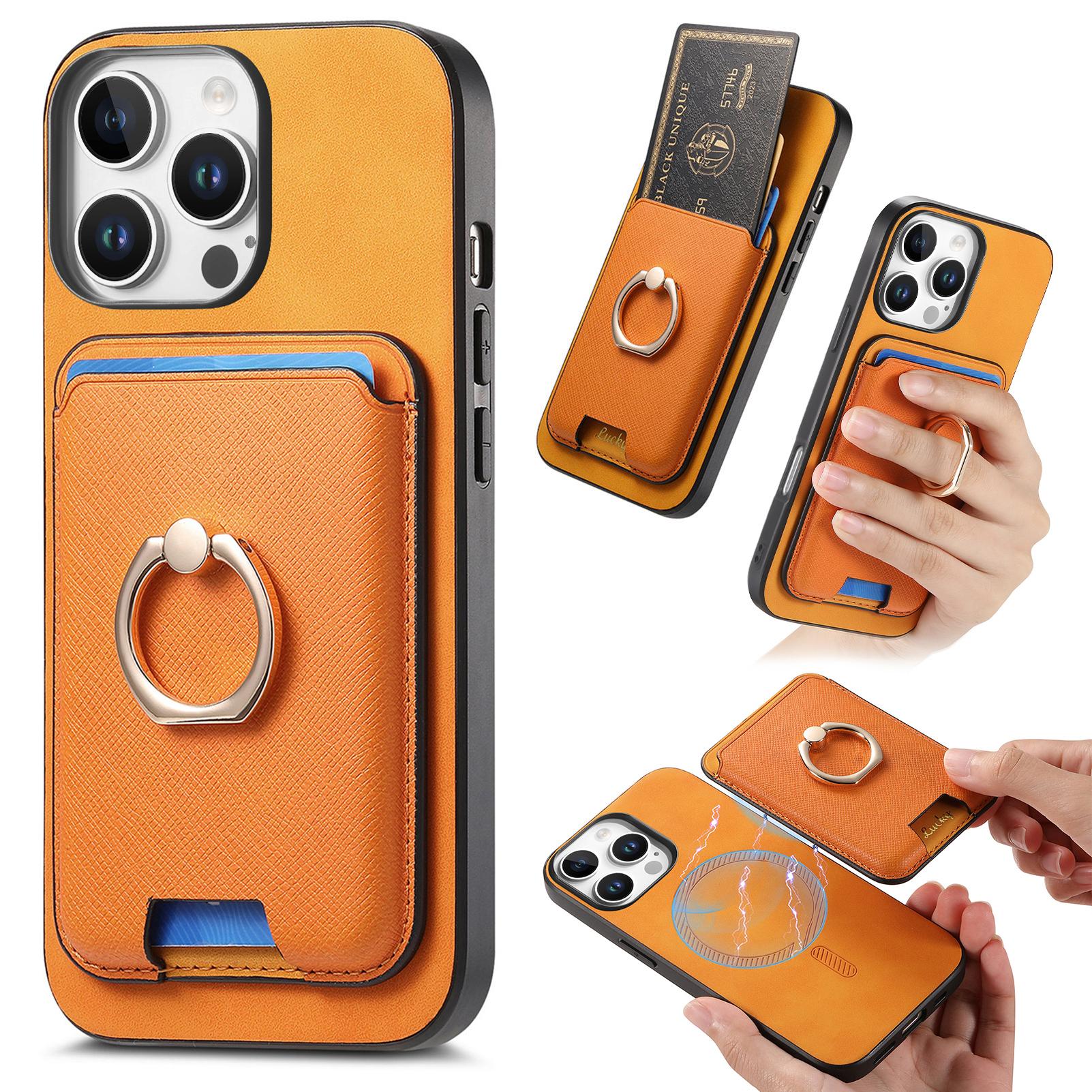 

For iPhone 16 Pro Max Magnetic Case Leather+TPU Phone Cover Detachable Card Bag Orange