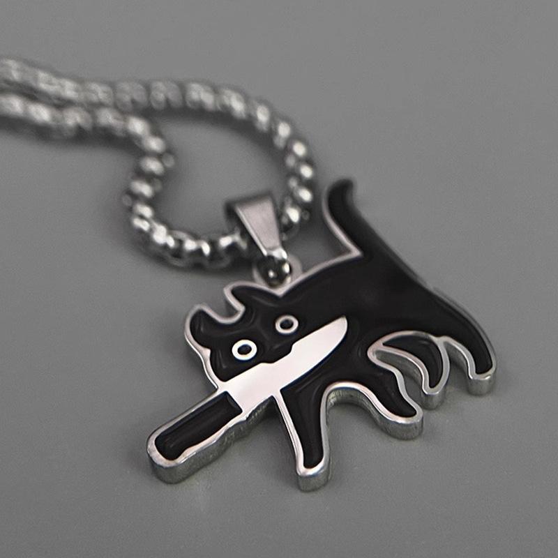 Stainless Steel Cartoon Knife Cat Pendant, Cute and Unique Couple's Necklace Accessory