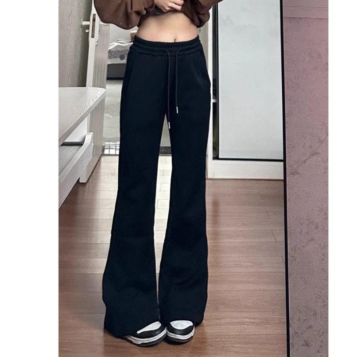 Pantalon de survêtement évasé noir taille haute pour femme - Printemps/Automne, Amincissant, Décontracté, Long jusqu'au sol avec cordon de serrage et drapé, Design en fer à cheval.