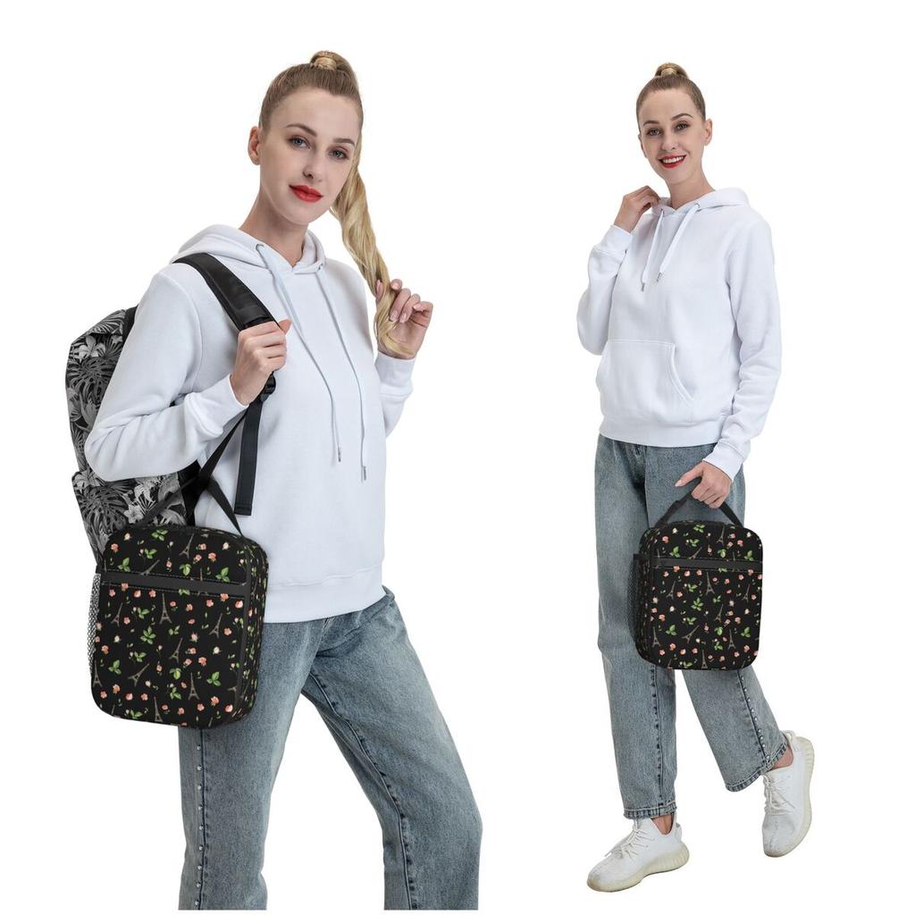Themed Black Eiffel Iron Tower Design Insulated Lunch Bag for Women Kids Portable Food Boxes Thermal Lunch Box Tote