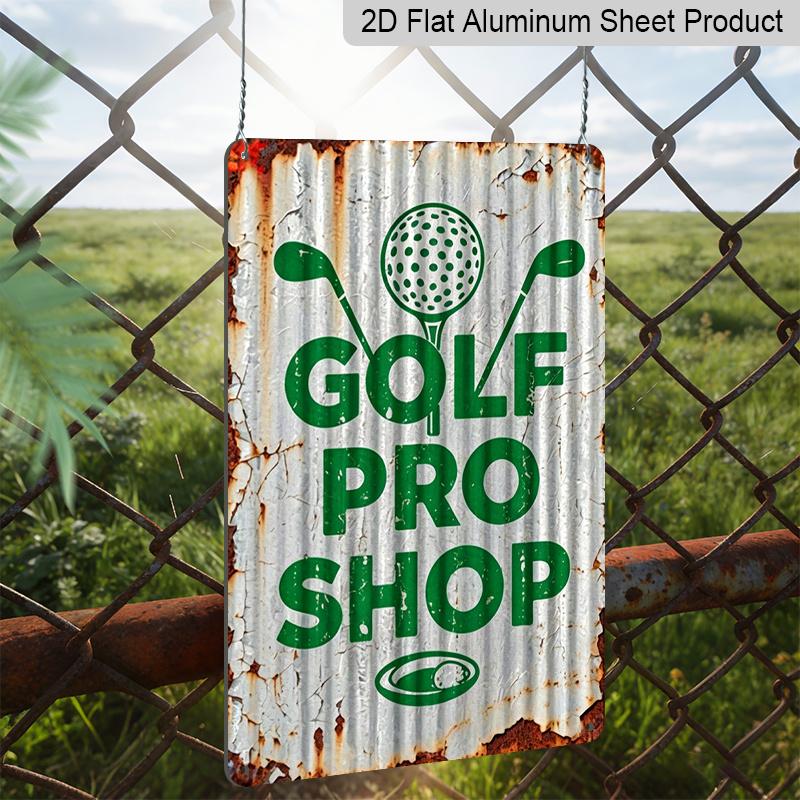 2D Flat, 1pc Golf Pro Shop Aluminum Sign - 8x12 Inch Vintage Golf Clubs & Ball Design - for Man Cave, Office Decor - Easy Hang Pre-Drilled Holes