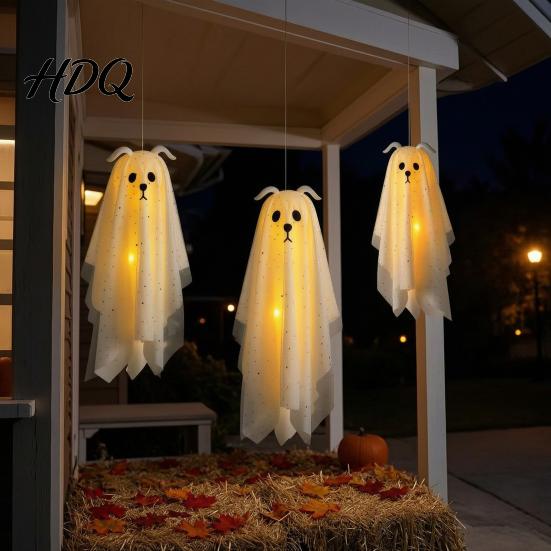 Glowing Ghost for Front Door 3 Pcs Lighted Dog Hanging Ornaments Spooky Halloween Outdoor Flying Decorations Gauze with LED Light Tree Porch