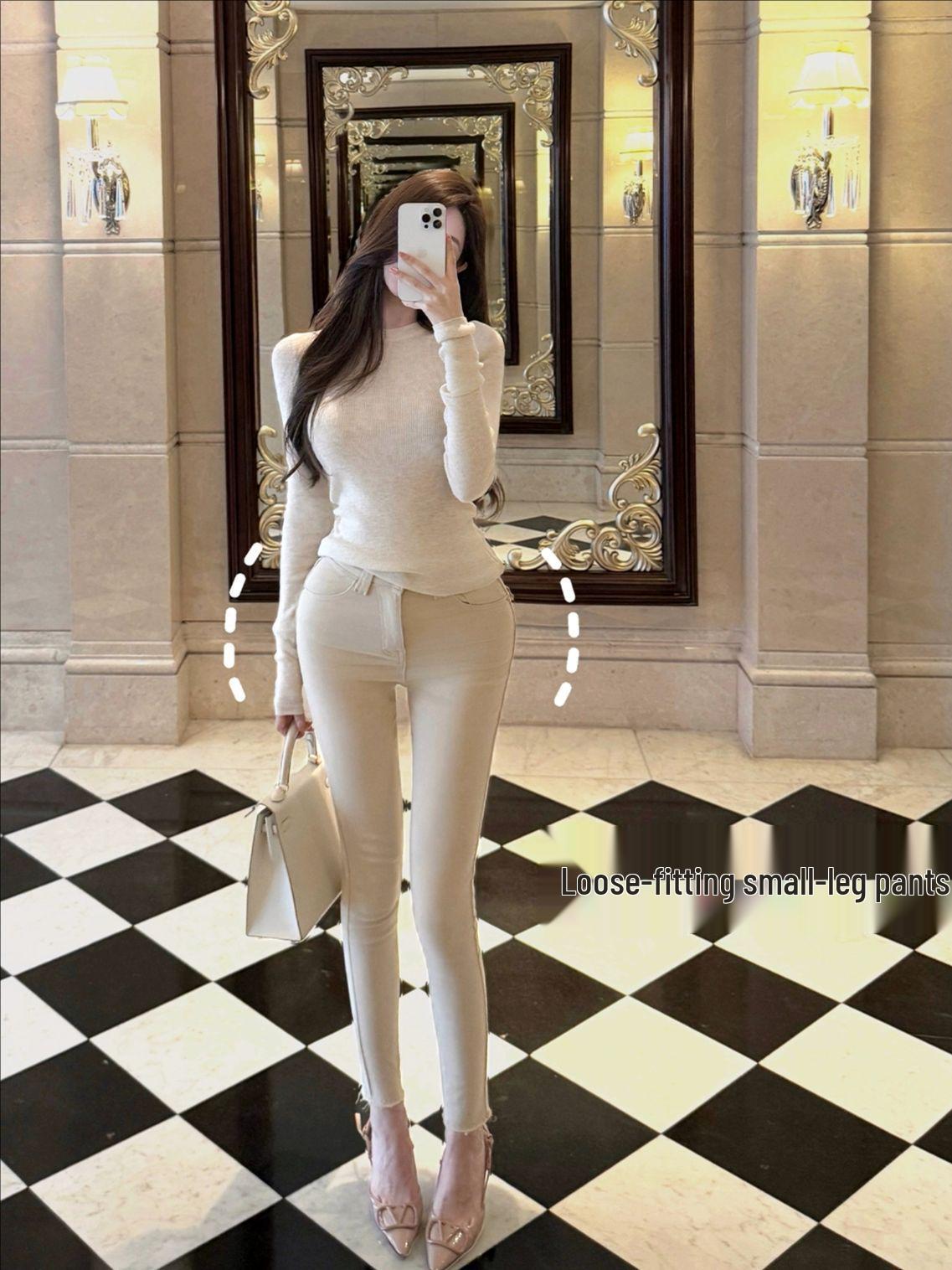 

Chil Qiao er Korean Goddess 2.0 Fleece-Lined Skinny Jeans: Mid-High Waist, Butt-Lifting, Hip-Enhancing S абрикосовый/белый