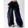 Y2K Black Cargo Pants Women Streetwear Lace Patchwork White Wide Leg Pants Summer Gyaru Harajuku Korean Baggy Trousers