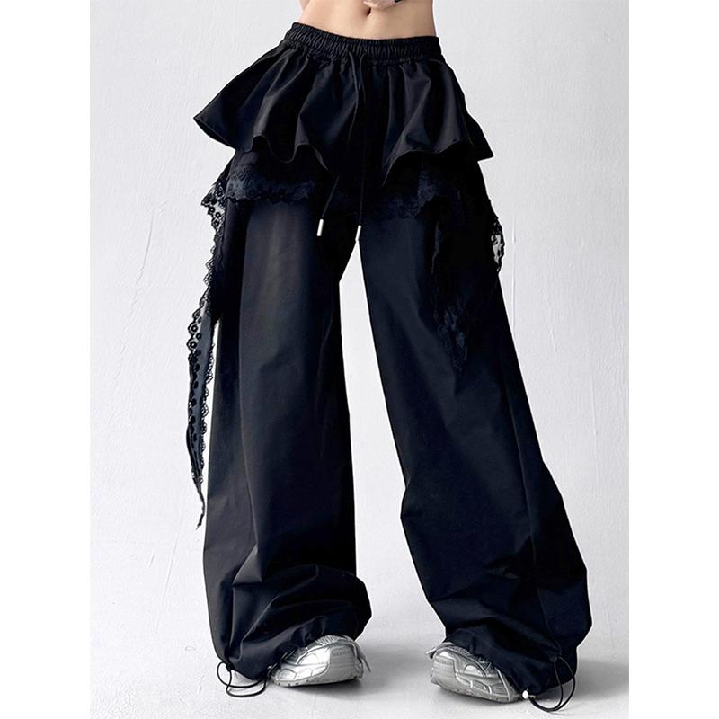 Y2K Black Cargo Pants Women Streetwear Lace Patchwork White Wide Leg Pants Summer Gyaru Harajuku Korean Baggy Trousers