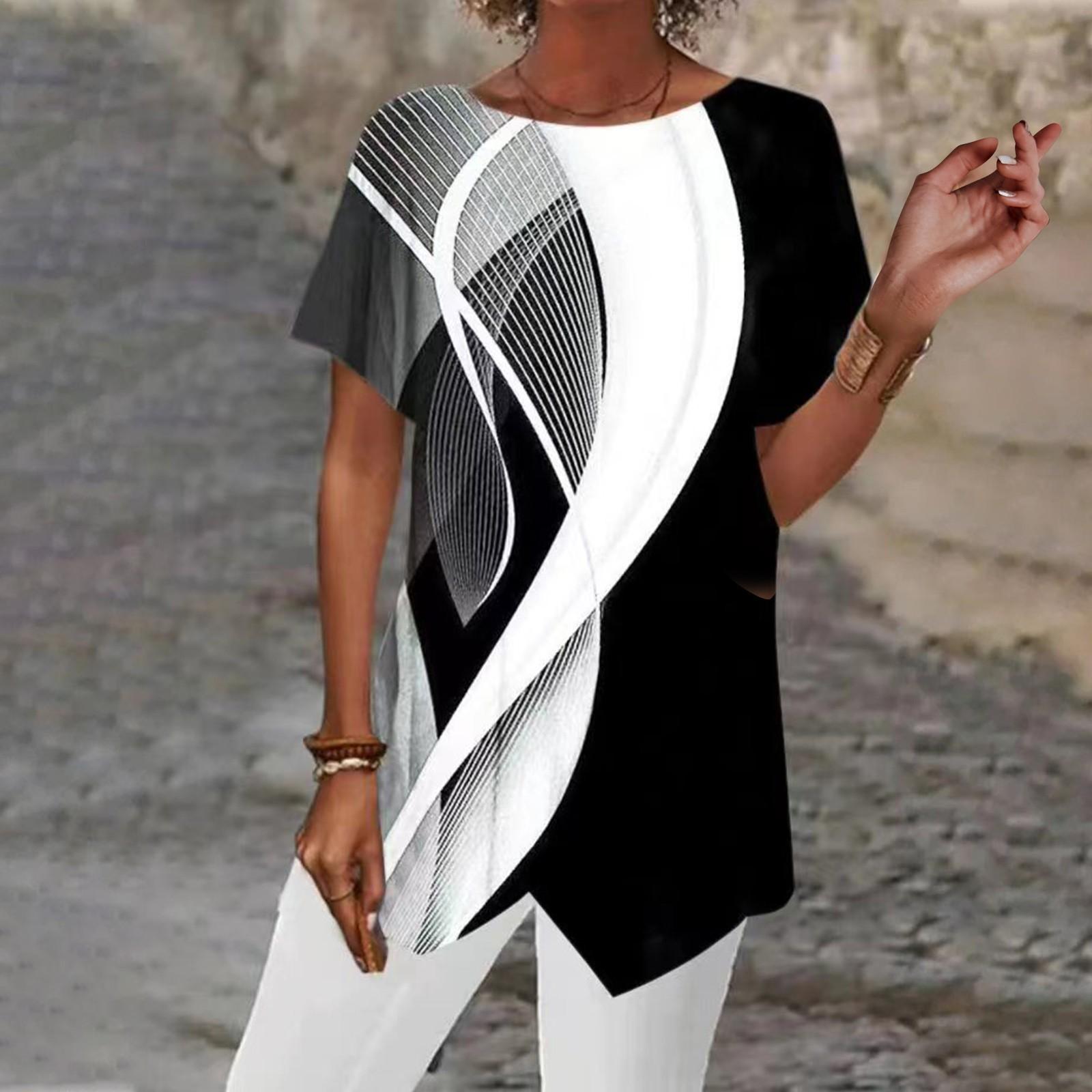 

Модная женская летняя свободная футболка с геометрическим принтом и коротким рукавом с нерегулярным подолом XXXXXL чёрный