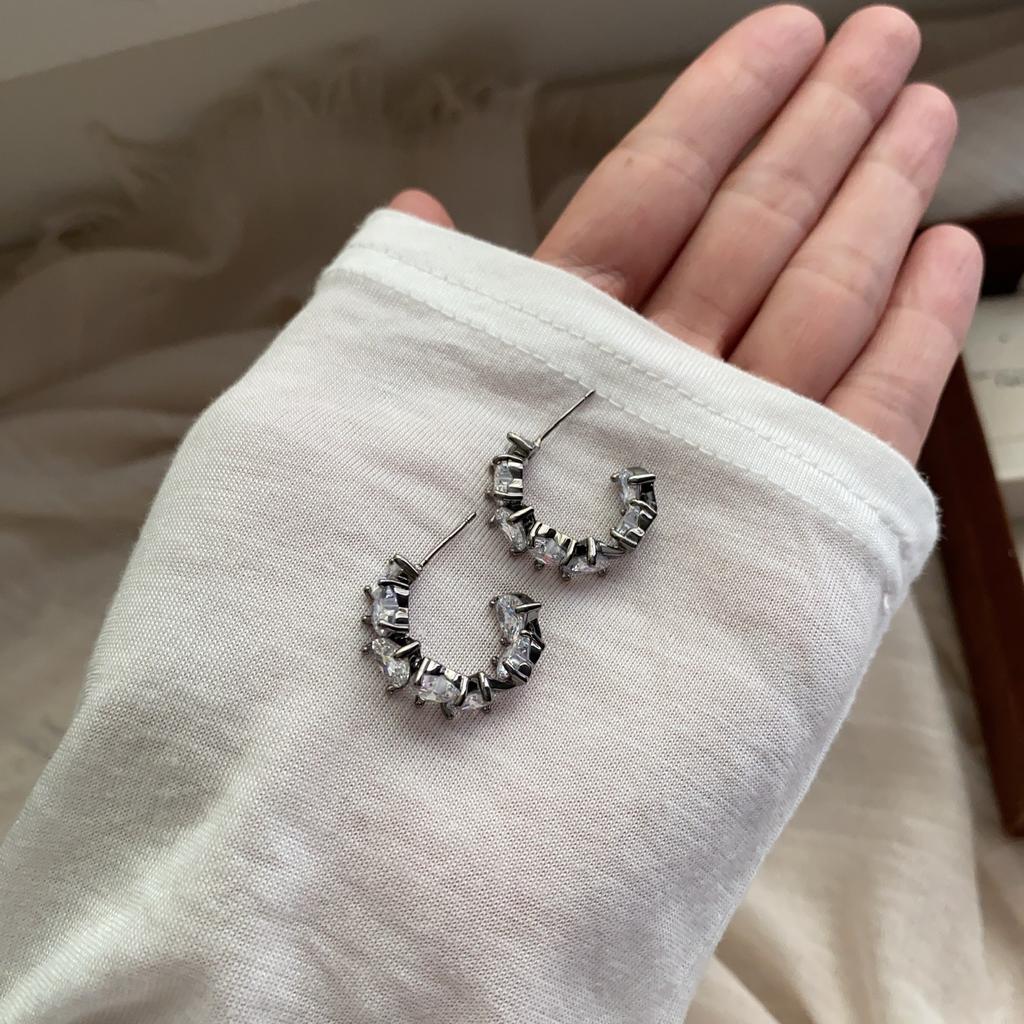 Silver Cold Metal C-Earrings Earrings Cold Light Luxury Shining Zircon Niche Premium Minimalist C-Ring Earrings