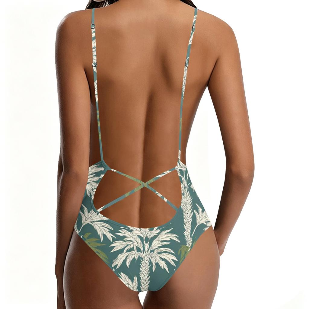 Women Swimsuit Printed Deep V Neck Adjustable Straps Backless Bathing Suit for Swimming Beach Pool