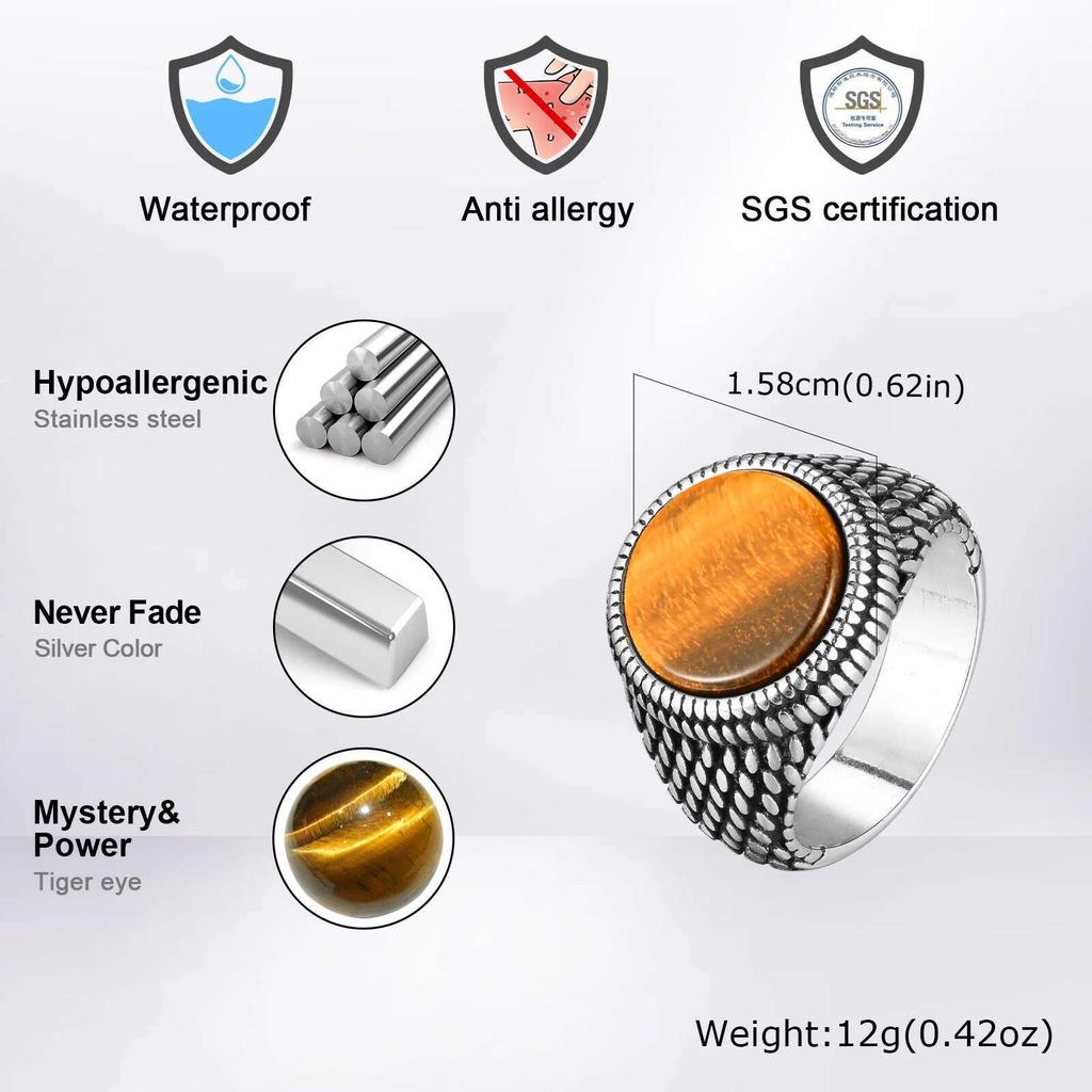 Prjewel Round Tiger Eye Stone Top Finger Band Black Zircon Stainless Steel Stamp Ring Dragon Scales Textured Signet for Men