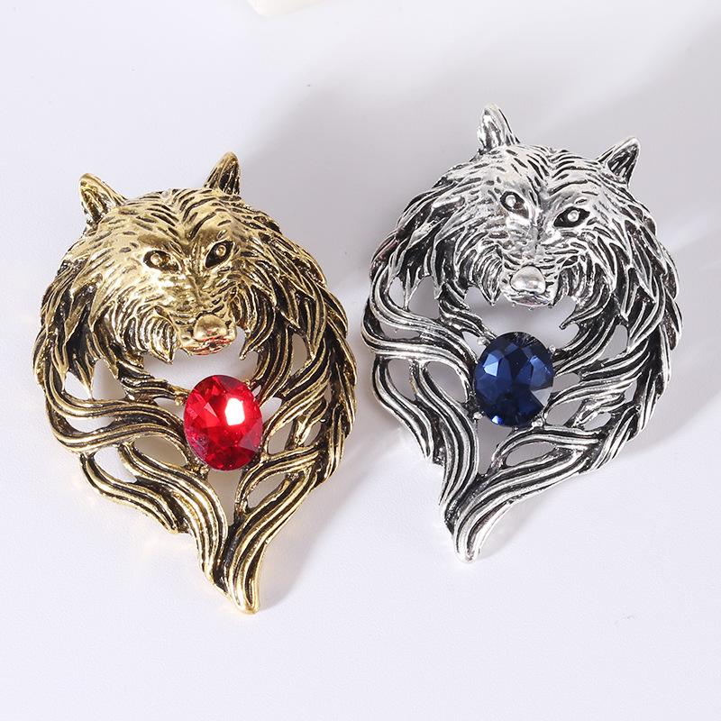 Retro dominerande varghuvudbrosch herrpersonlighet jacka kostym Corsage djurnålshänge dubbla användningsområden