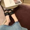 Sheepskin version~ Straw flat bottom square head vacation one-word slippers women's summer wear sandals half slippers