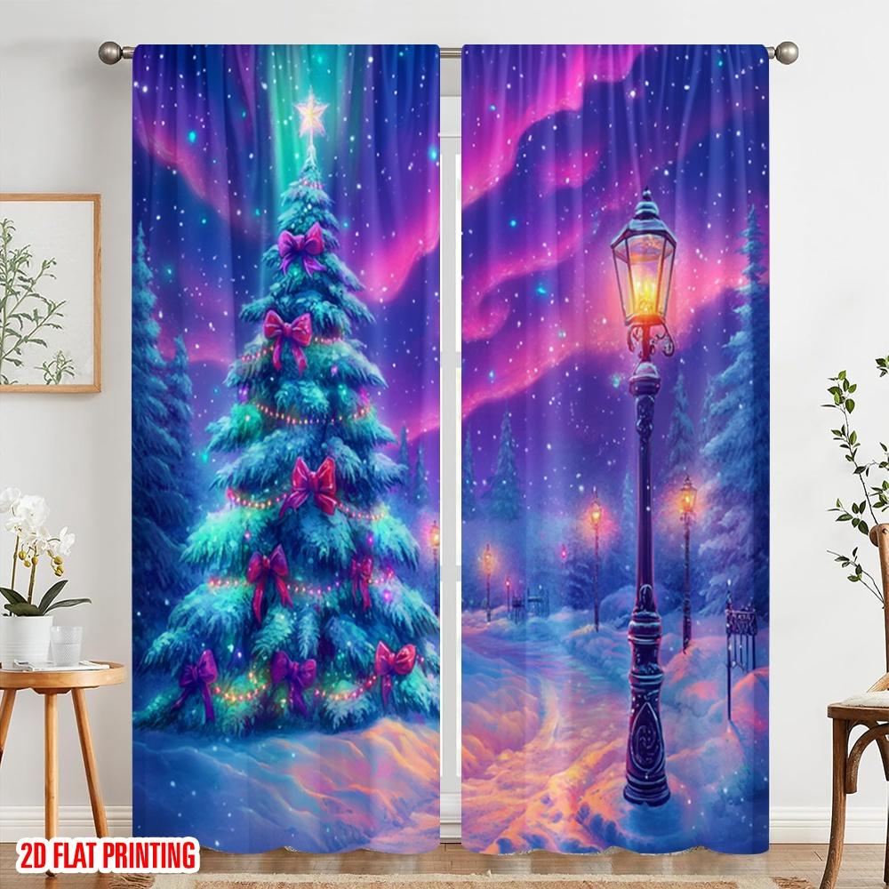 2pcs,2D plane printing Pattern Curtains Enchanted Winter Wonderland Christmas Aurora 100% Polyester (without rod) Holiday Use