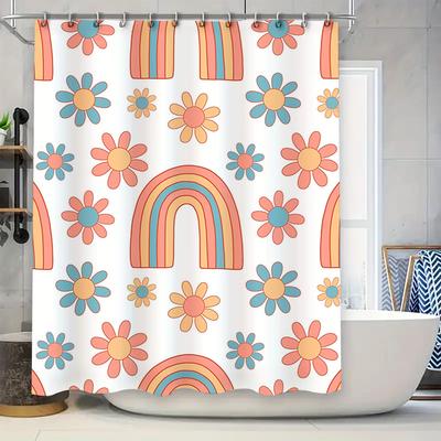 Vintage Rainbows Flowers Shower Curtain Colorful Printed Bath Decor for Home Decoration White Background with Rainbow Flower Des