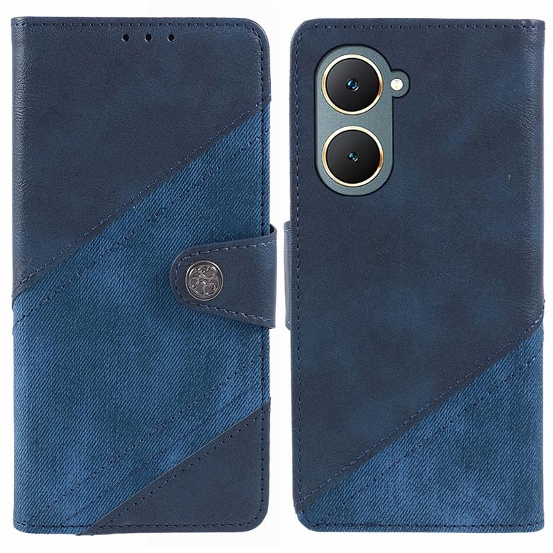 

For vivo Y03 Case PU Leather Phone Cover Folio Wallet Crazy Texture Splicing Dark Blue