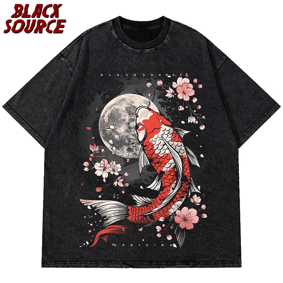 

T Mens summer pure cotton fashionable casual sports loose Japanese goldfish pattern printed round neck short sleeved S